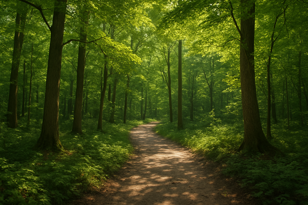 Umazana pot se vije skozi bujno zelen gozd z visokimi drevesi in gosto podrastjo, sončna svetloba pa se pretaka skozi krošnje listov in ustvarja na tleh razpršeno svetlobo.